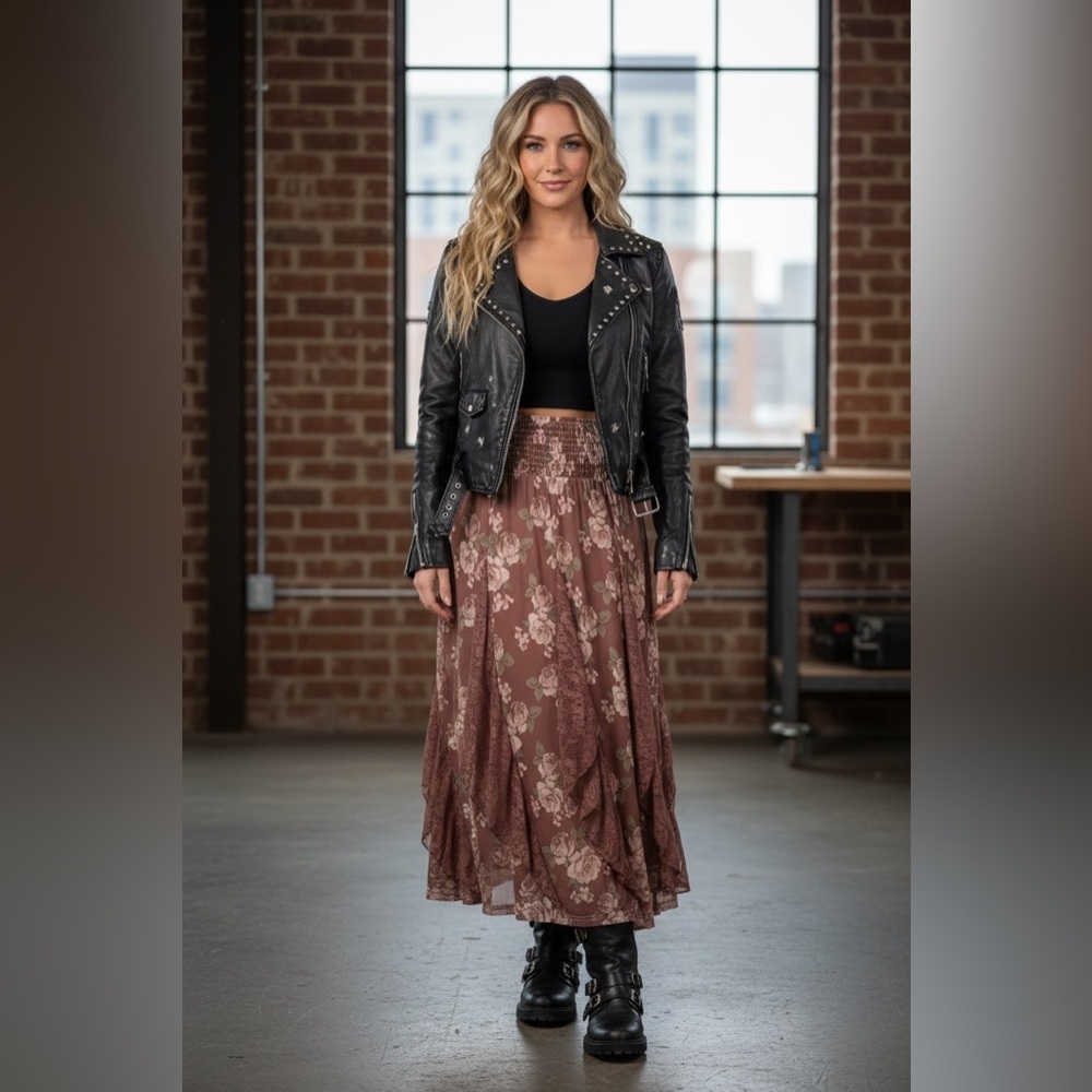 NWT Listicle Floral Print Boho Lace Smocked Waist Maxi Skirt Midi Red Bean - Picture 7 of 8